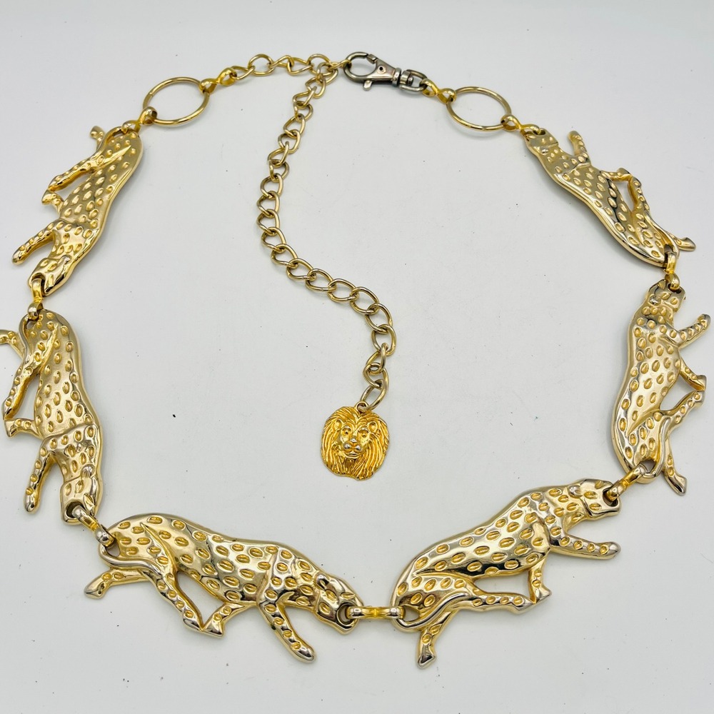 Vintage Anne Klein Gold Leopard Cheetah Link Chain Belt Lion Head Charm Safari